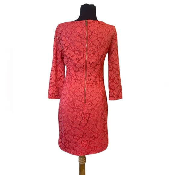Vince Camuto Coral Pink Floral Lace Crochet 3/4 Sleeve Midi Dress 4 - Picture 5 of 12